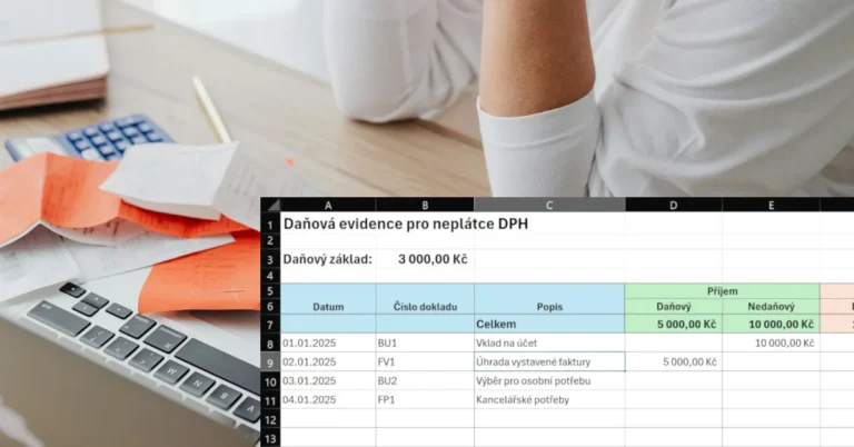 Tabulka vedení daňové evidence na pozadí účtenek a klávesnice notebooku.