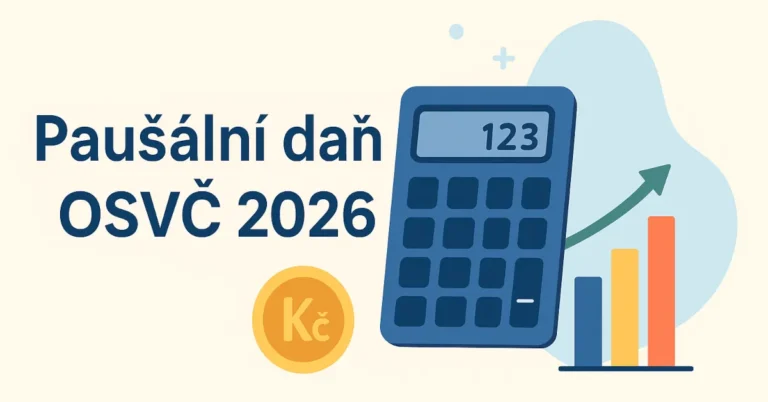 Modrá kalkulačka, zlatá mince a barevný graf s nápisem Paušální daň OSVČ 2026.