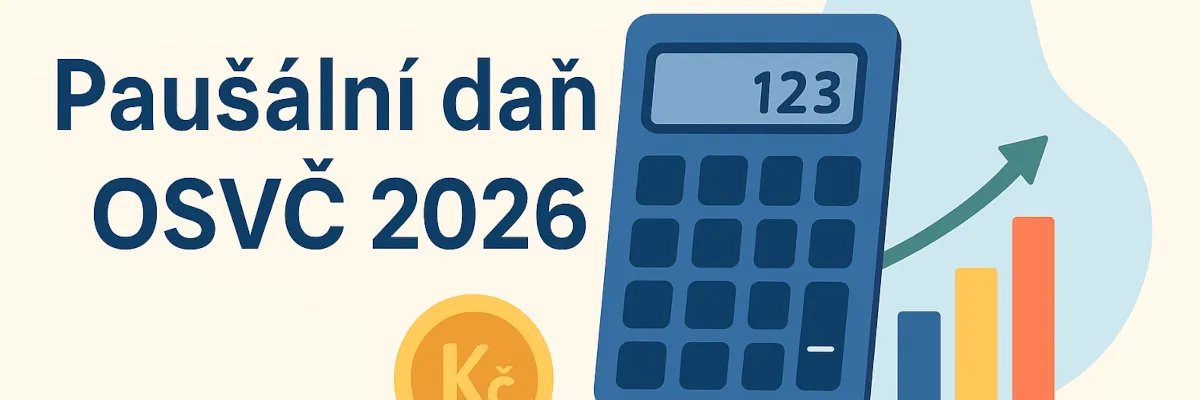 Pausalni_dan_OSVC_2026-Uzke Modrá kalkulačka, zlatá mince a barevný graf s nápisem Paušální daň OSVČ 2026.