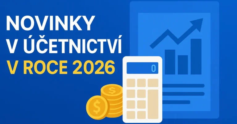 Modré pozadí s grafem, zlatými mincemi a světlou kalkulačkou s nápisem "Novinky v účetnictví v roce 2026"