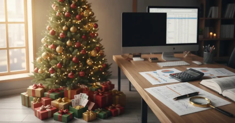 Vánoční stromek s dárky a stůl účetního, který počítá případné daně, které je třeba zaplatit