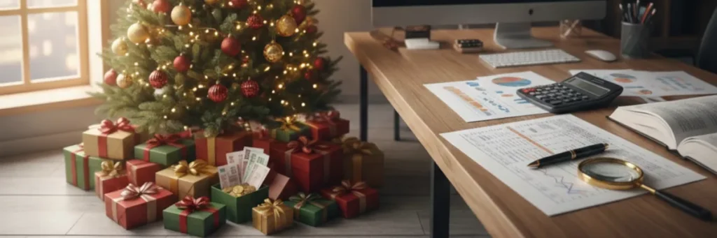 Vánoční stromek s dárky a stůl účetního, který počítá případné daně, které je třeba zaplatit