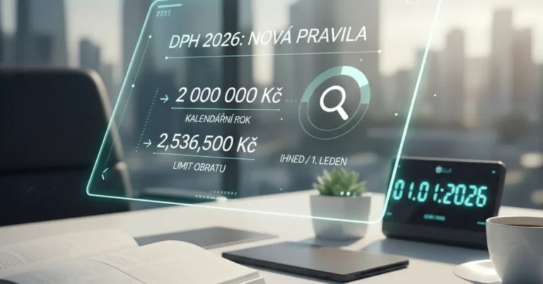 Průhledná sci-fi obrazovka s informacemi o DPH a hodiny s datumem 1. 1. 2026 na stole s moderním městem na pozadí.